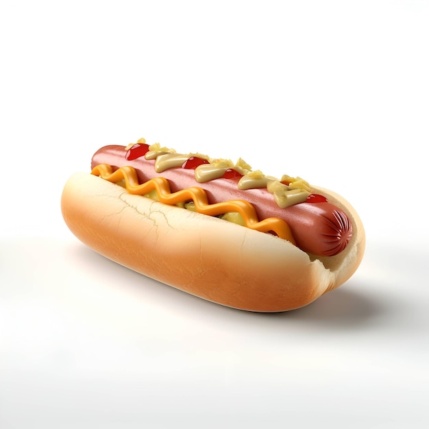 Hotdog mit Senf und Ketchup auf einem weißen Hintergrund 3D-Illustration