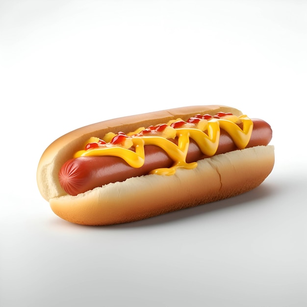 Hotdog mit Senf und Ketchup auf weißem Hintergrund 3D-Rendering