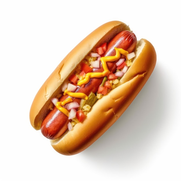 Hotdog mit viel Soße auf weißem Hintergrund