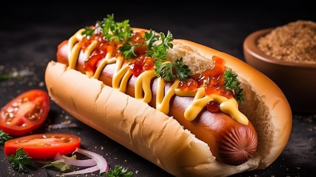 Hotdog mit Wurst, getränkt in saftiger Mayonnaise-Sauce