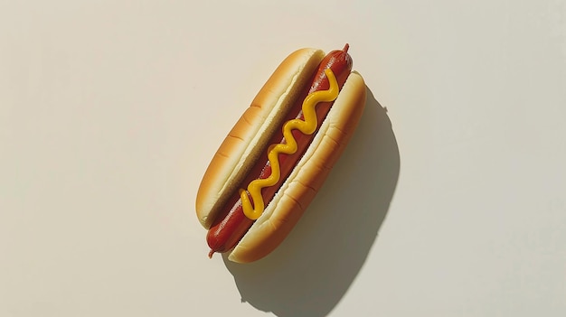 Hotdog de mostaza amarillo sobre un fondo blanco