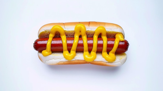 Hotdog de mostaza amarillo sobre un fondo blanco