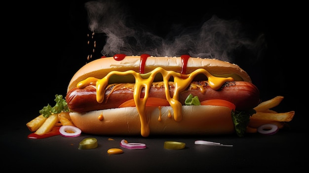 Hotdog suculento com coberturas de especiarias Ketchup Mayo e salada fresca colorida e apetitosa contra fundo escuro Ai gerado