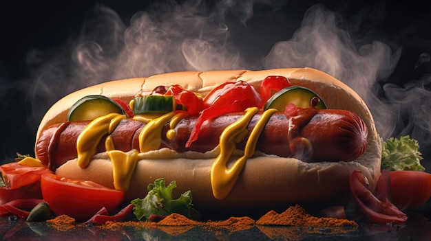 Hotdog suculento com coberturas de especiarias Ketchup Mayo e salada fresca colorida e apetitosa contra fundo escuro Ai gerado