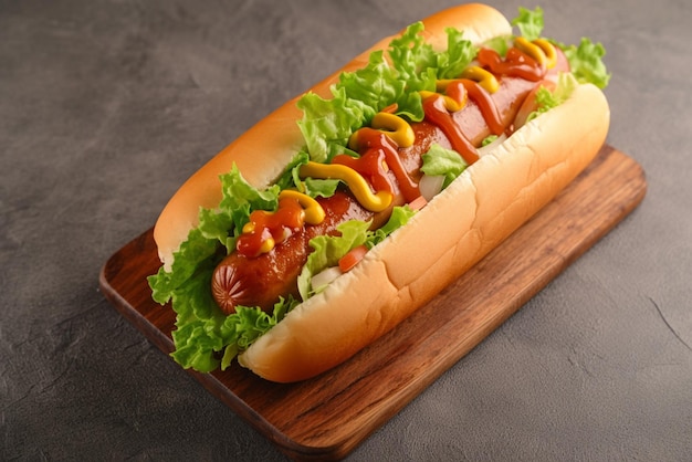 Hotdog tentador con lechuga expuesto en una tabla de madera rústica