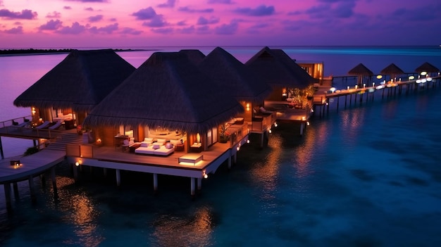 Hotéis e resorts românticos nas Maldivas cabana de palha noite turva água do mar azul claro