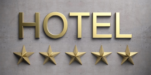 Hotel 5 Sterne Goldfarbe Schild auf konkretem Hintergrund 3D-Darstellung