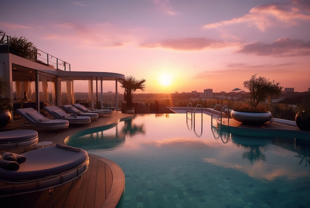 Hotel en la azotea con piscina y hermosa puesta de sol por la noche