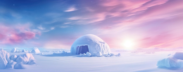 Hotel de gelo iglu com pôr do sol durante o panorama mágico da noite de inverno Generative Ai