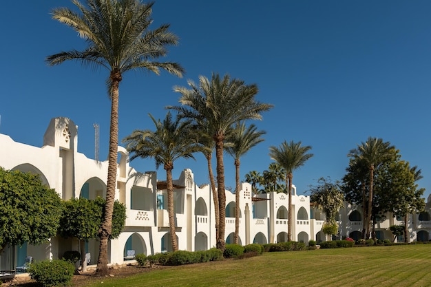 Hotel con edificios blancos y zona de recreo en Egipto