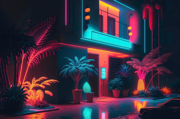 Hotel in Neonfarben Generative KI