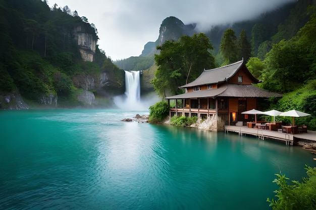 un hotel en las montañas con una cascada en el fondo