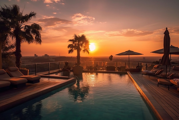 Hotel no telhado com piscina e belo pôr-do-sol à noite