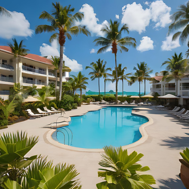 un hotel con palmeras y una piscina con vistas a la playa