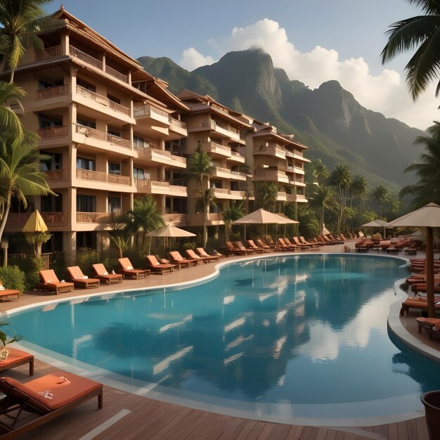 Foto un hotel con una piscina y una montaña en el fondo