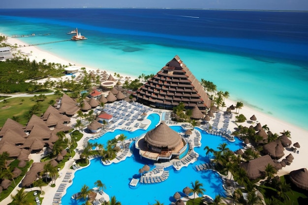 un hotel con una piscina y palmeras en la playa