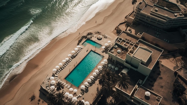 un hotel con piscina y palmeras en la playa.