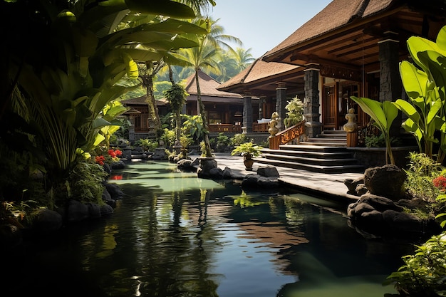 Hotel Resort em Bali com vista para o lago e a natureza das plantas para acomodação de férias em dias claros