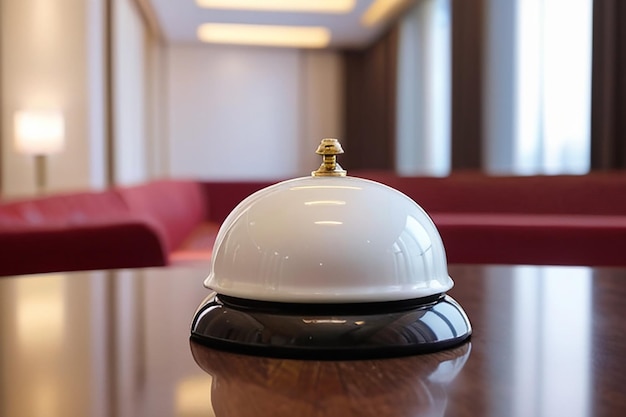 Hotel-Serviceglocke auf einem Tisch weißes Glas und Simulationshotel-Hintergrund Konzept Hotelreise