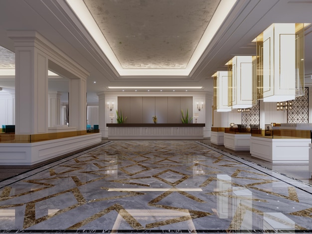 Foto hotelfoyer mit rezeption und säulen in klassischer innenarchitektur 3d-rendering