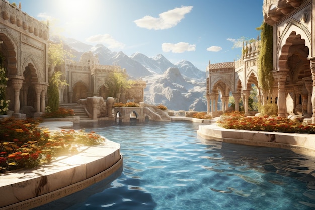 Foto hotelhof im orientalischen stil mit schwimmbad mountain view generative ki kunst schön