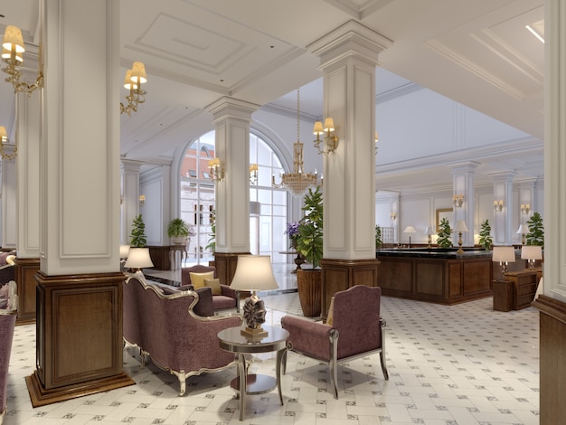 Hotellobby im klassischen Stil. 3D-Rendering