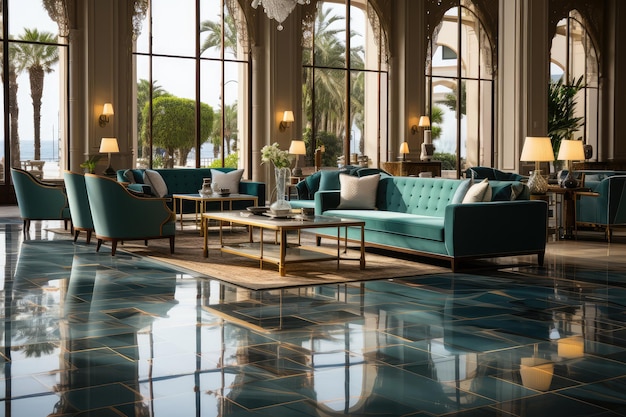 Hotellobby mit Möbeln im klassischen Stil, professionelle Werbefotografie, erstellt von der KI
