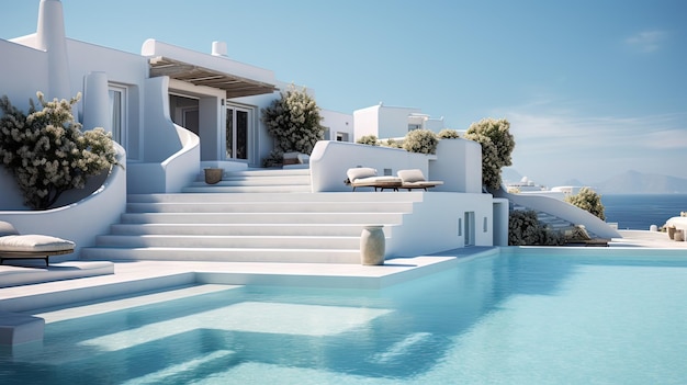 Hotelpool an einem sonnigen Tag mit blauem Wasser und weißen Gebäuden Resort-Architektur mit Schwimmbad