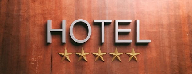 Foto hotelschild auf stuck bemalter wand 3d-darstellung