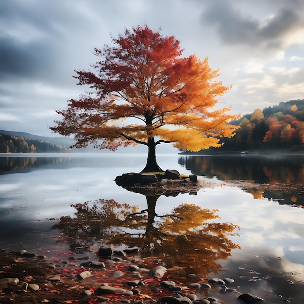 Hoto eines Baumes in wunderschönen Herbstfarben Baum steht vor einem See bunte Herbstblätter