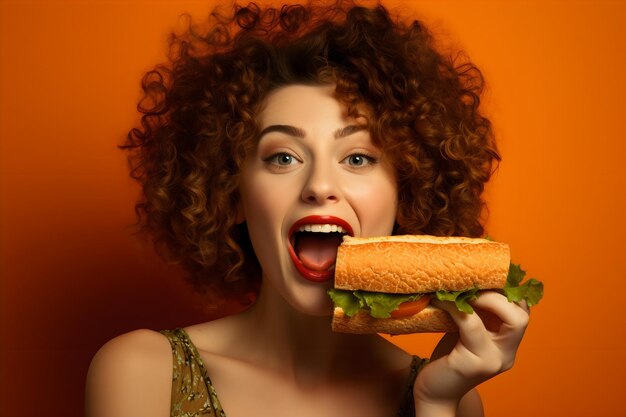 Foto hoto linda mulher comendo cheeseburger