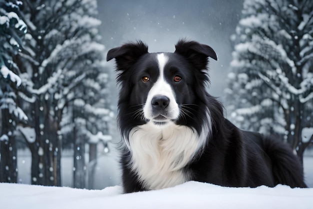 Hoto-Porträt eines schwarzen Border Collies mit einer bezaubernden Mütze in einem schneebedeckten Wald