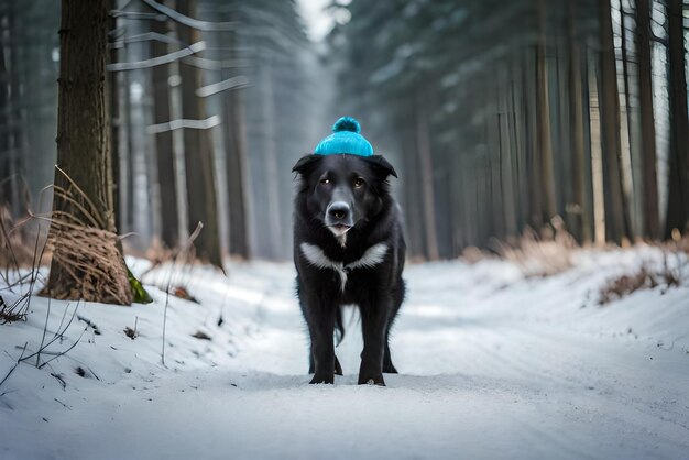 Hoto-Porträt eines schwarzen Border Collies mit einer bezaubernden Mütze in einem schneebedeckten Wald