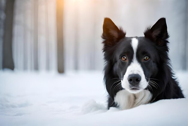 Hoto-Porträt eines schwarzen Border Collies mit einer bezaubernden Mütze in einem schneebedeckten Wald