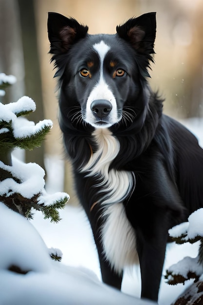 hoto retrato de un border collie negro con un adorable gorro en un bosque cubierto de nieve