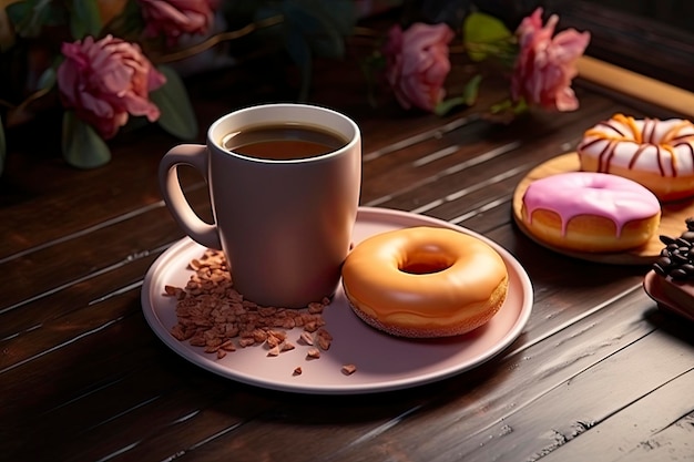 hoto Una taza de café y deliciosos donuts en la mesa