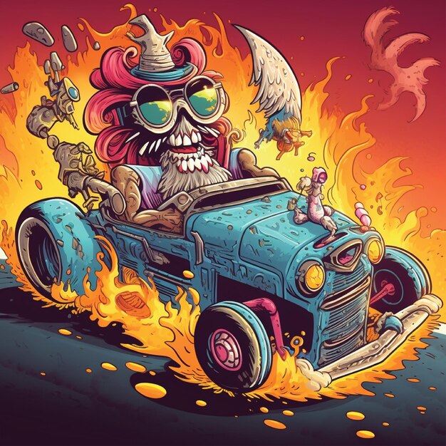 Foto hotrod-auto mit feuervektor-illustration