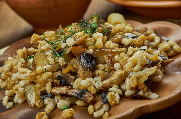 Houbovy kuba, Feito de cogumelos, cevada, cebolas caramelizadas e alho, e temperado com manjerona e cominho, Cozinha tcheca, Pratos tradicionais variados, Vista de cima.