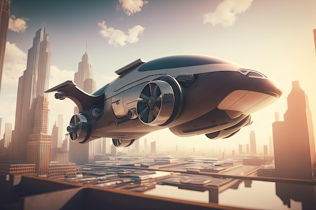 Hovercar fliegt mit schlanken Linien und fortschrittlicher Technologie über ein futuristisches Stadtbild