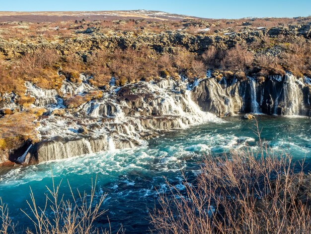 Hraunfossar waterall Lava cai um dos belos penhascos de água incomuns na Islândia