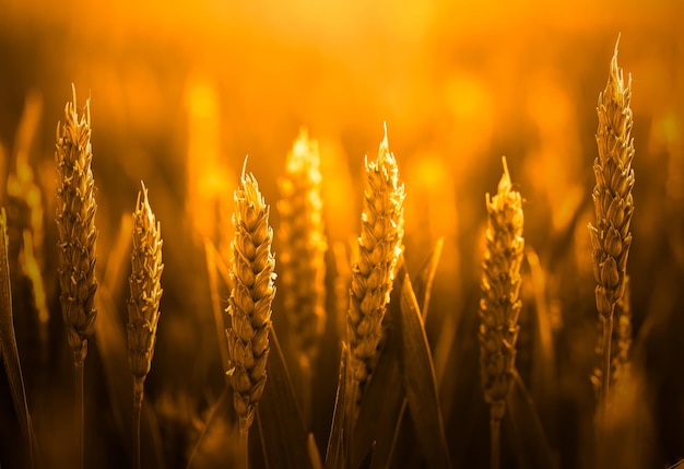 Ährchen von reifem Weizen bei Sonnenuntergang Selektiver Fokus