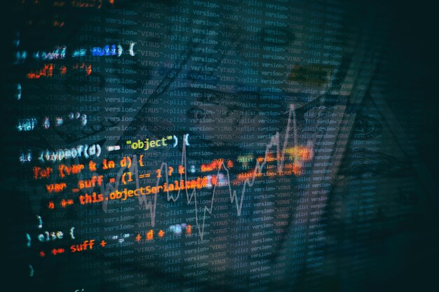 HTML5 en editor para desarrollo de sitios web. Código HTML del sitio web en la foto en primer plano de la pantalla del portátil.