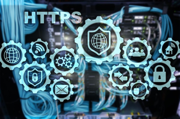 HTTPS Hypertext Transport Protocol Secure Technology Concept auf Server Room Background Virtuelles Symbol für Netzwerksicherheits-Webdienst