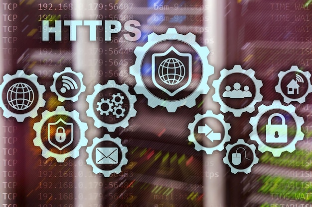 HTTPS Protocolo de transporte de hipertexto Concepto de tecnología segura en el fondo de la sala de servidores Icono virtual para el servicio web de seguridad de red