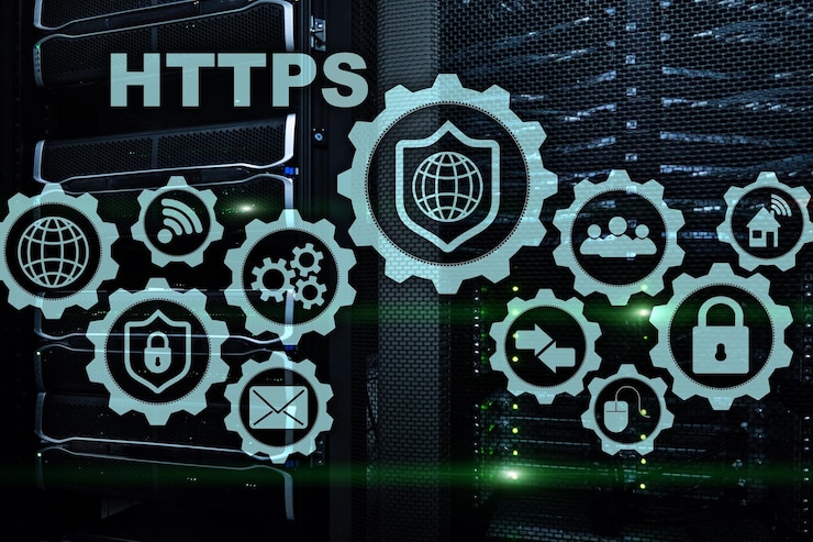 Foto https protocolo de transporte de hipertexto concepto de tecnología segura en el fondo de la sala de servidores icono virtual para el servicio web de seguridad de red