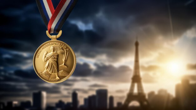 Foto httpssmjrun_yzemlgycyo imagen de una medalla olímpica de oro en el fondo podemos ver la torre eiffel