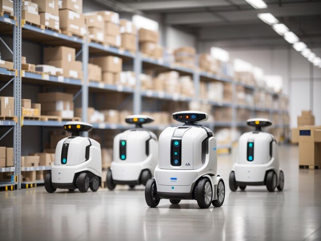 Hub de Logística Robótica Imagen de robots de entrega con sensores estacionados en una instalación inteligente