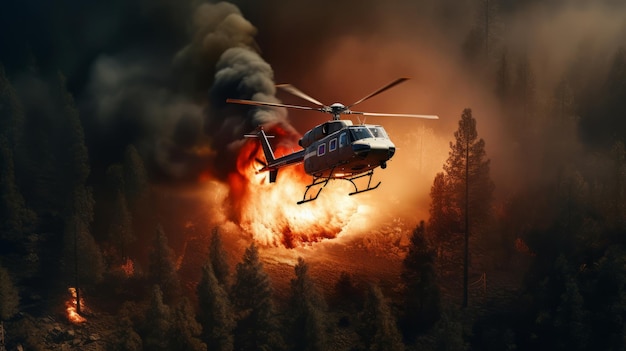 Hubschrauber beobachtet Waldbrand von oben