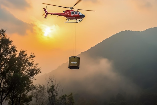 Hubschrauber fliegt bei Sonnenuntergang über den Berg. Hubschrauberrettungsdienst Generative KI