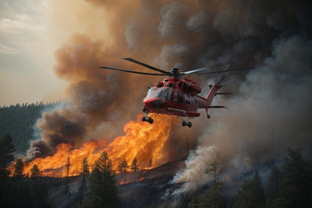 Hubschrauber fliegt über tobendes Feuer